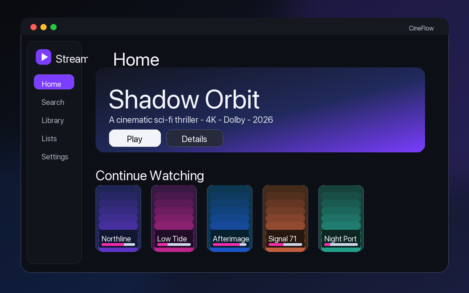 Streamly home screen mockup