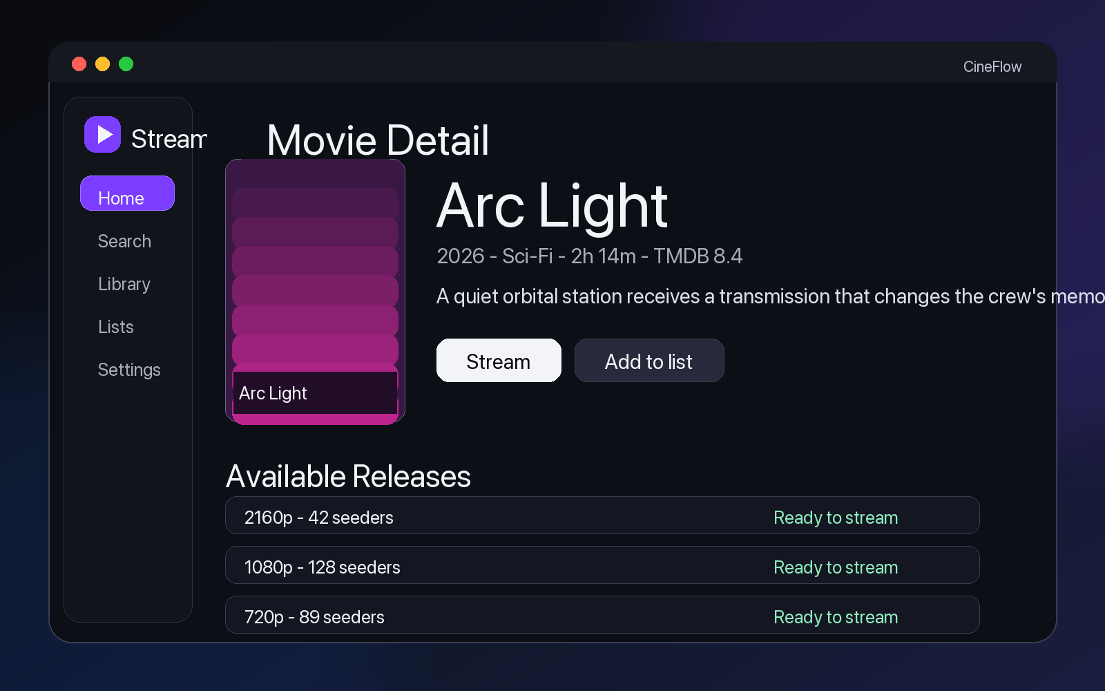 Streamly movie detail screen mockup