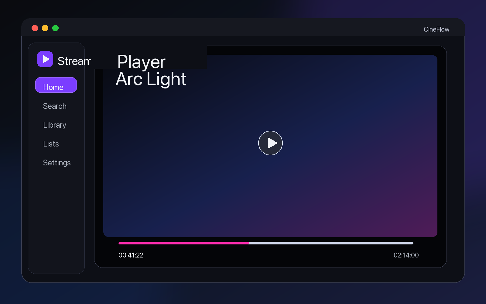 Streamly player screen mockup