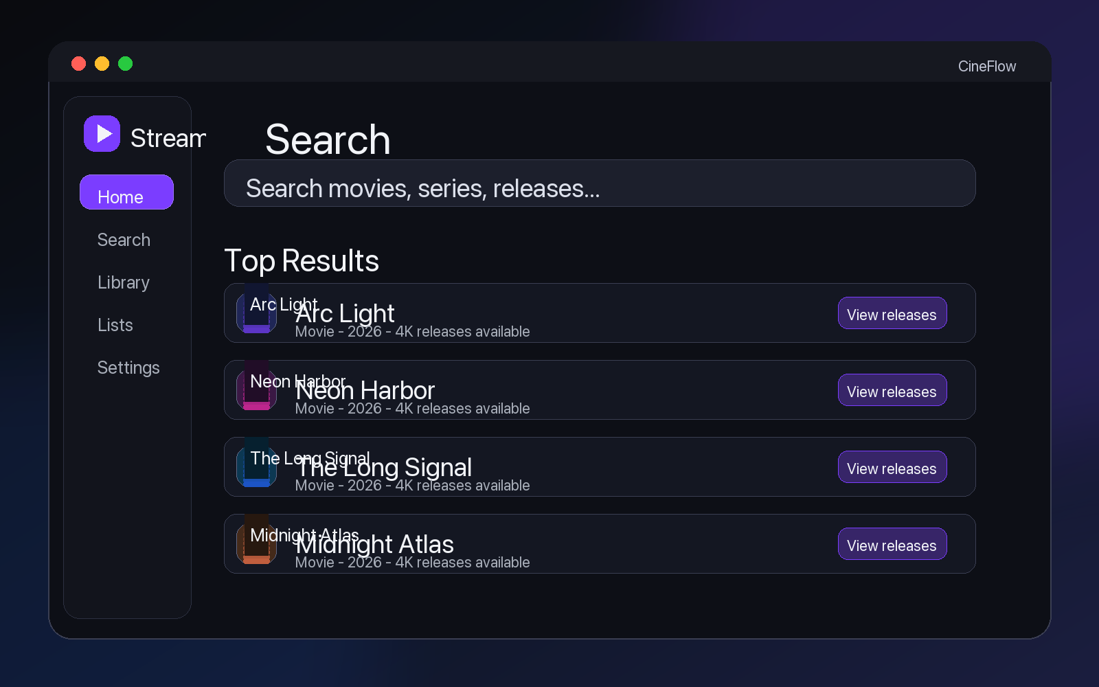 Streamly search screen mockup