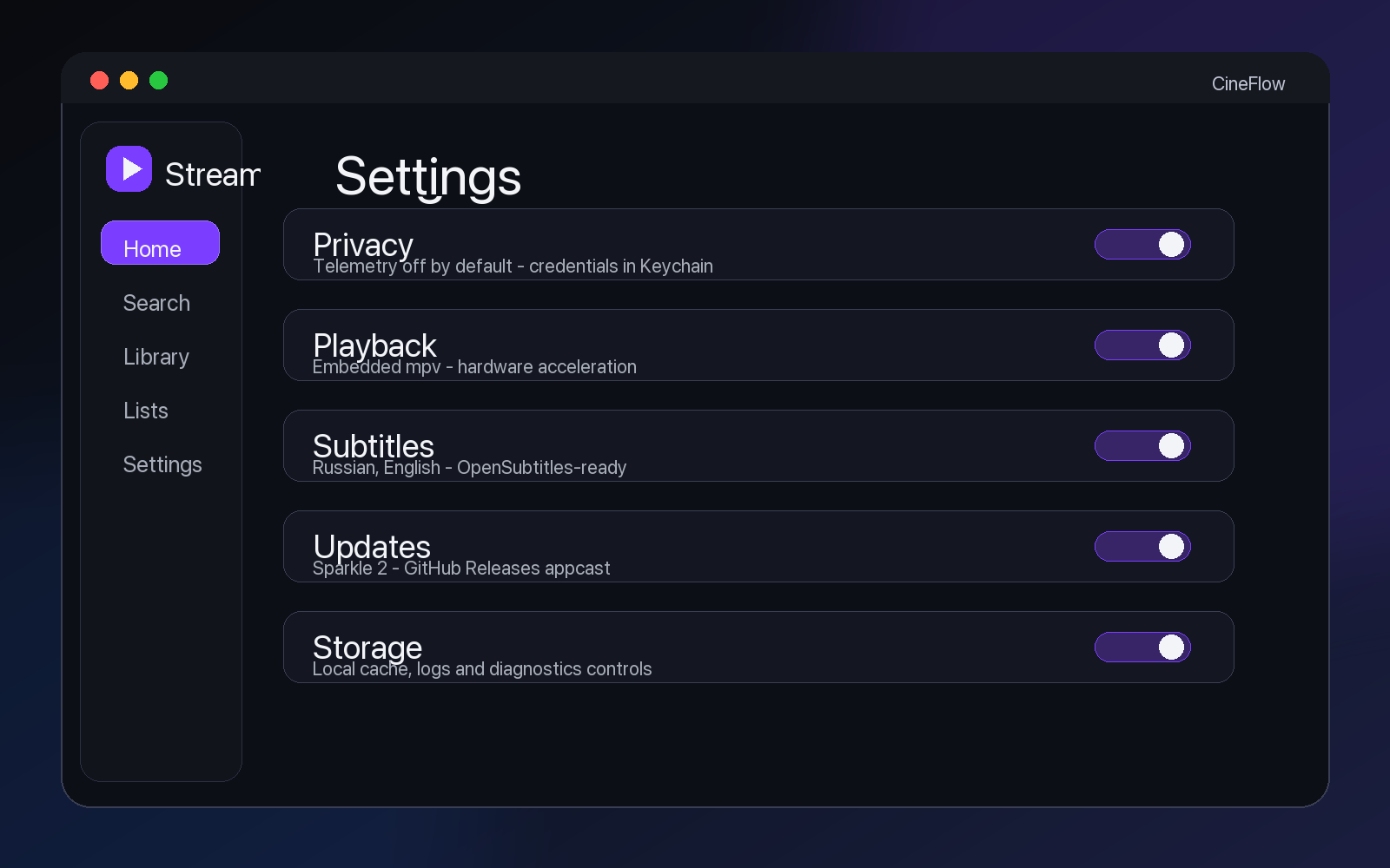Streamly settings screen mockup